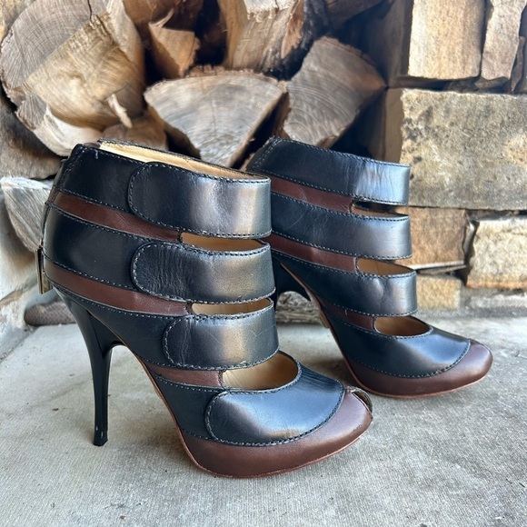 L.A.M.B. Peep toe black & brown leather cut out ankle boot heel Sz-7.  G - Picture 2 of 11